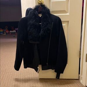 Helmut Lang Black Bomber Jacket with Faux Fur Collar wool size s
